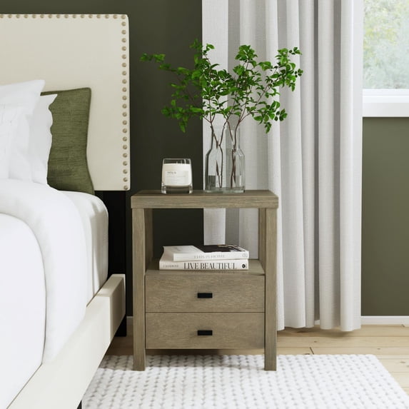 Hooper Two Drawer Wooden Accent Side Table, Gray Wash