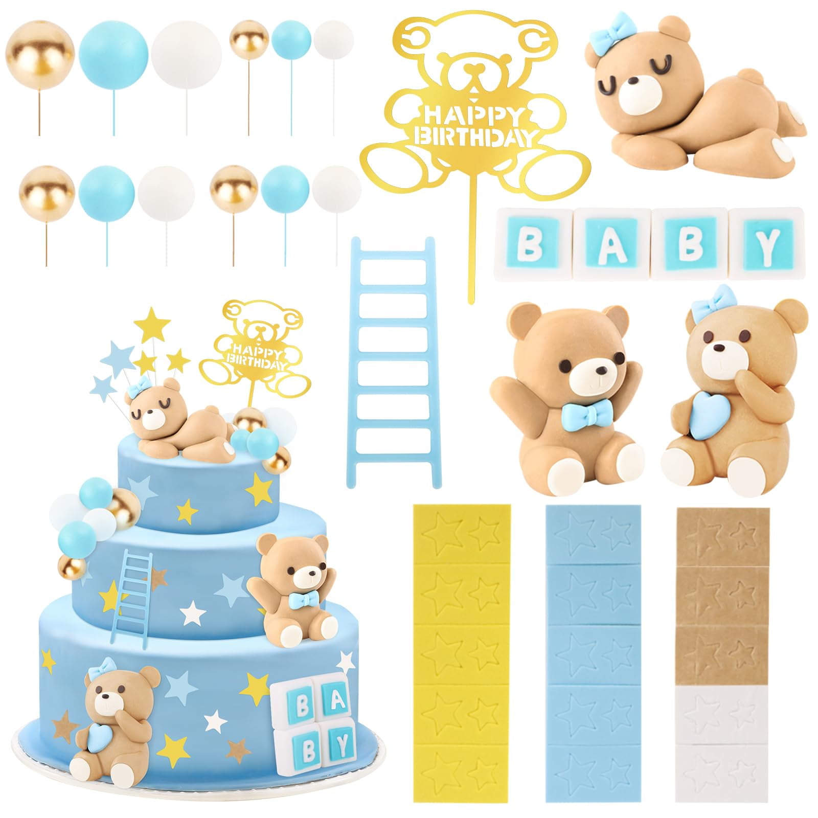 Blue Baby Shower Decorations Baby Blue Teddy Bear Cake Topper | Pastel ...