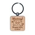 thumbnail image 1 of Hooray Happy Mail is Here Square Keychain Charm Tag - Engraved Wood, 1 of 6
