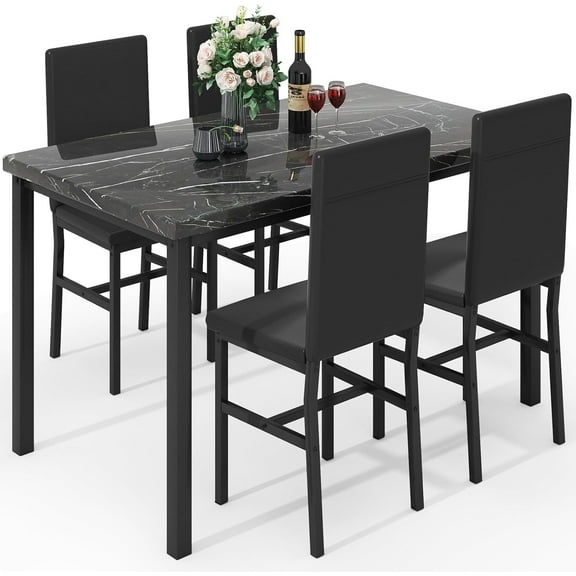 Hooseng Dining Table Set for 4, Modern Kitchen Table Chairs Set of 4, Faux Marble Dining Room Table Set with 4 PU Leather Chairs, 5 Piece Dining Table Set for Small Space, Apartment, Dinette, Black