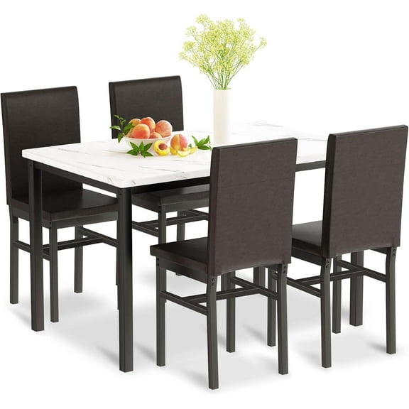 Hooseng Dining Table Set for 4- Space Saving Kitchen Table and Chairs for 4, Modern Style Faux Marble Tabletop & 4 PU Leather Chairs, Perfect for Dining Room,Breakfast Corner Small Spaces,Brown&White