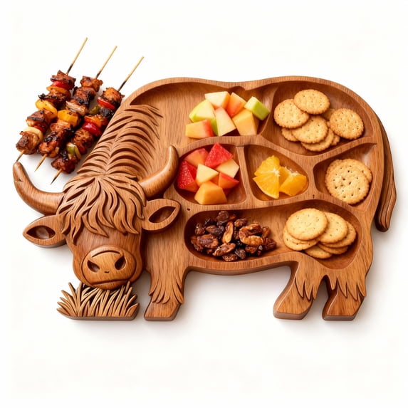 Hoosue Highland Cow Wooden Charcuterie Board,Rustic Farmhouse Serving Tray Handcrafted from Solid Wood with Compartments for Cheese, Meat, Fruits, Crackers and Snacks B