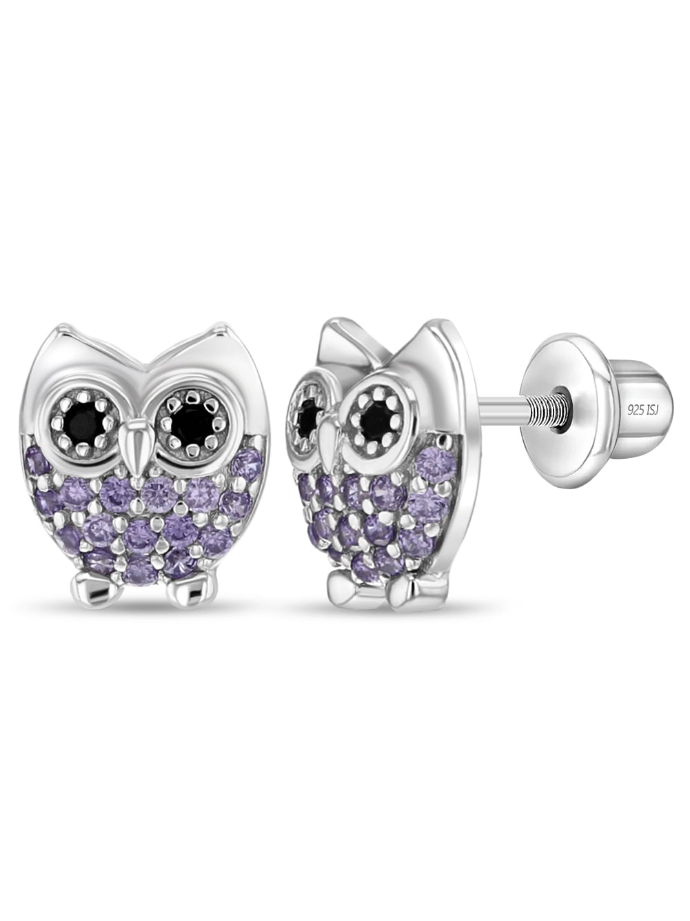 Hoot CZ Owl Baby / Toddler / Kids Earrings Screw Back - Sterling Silver