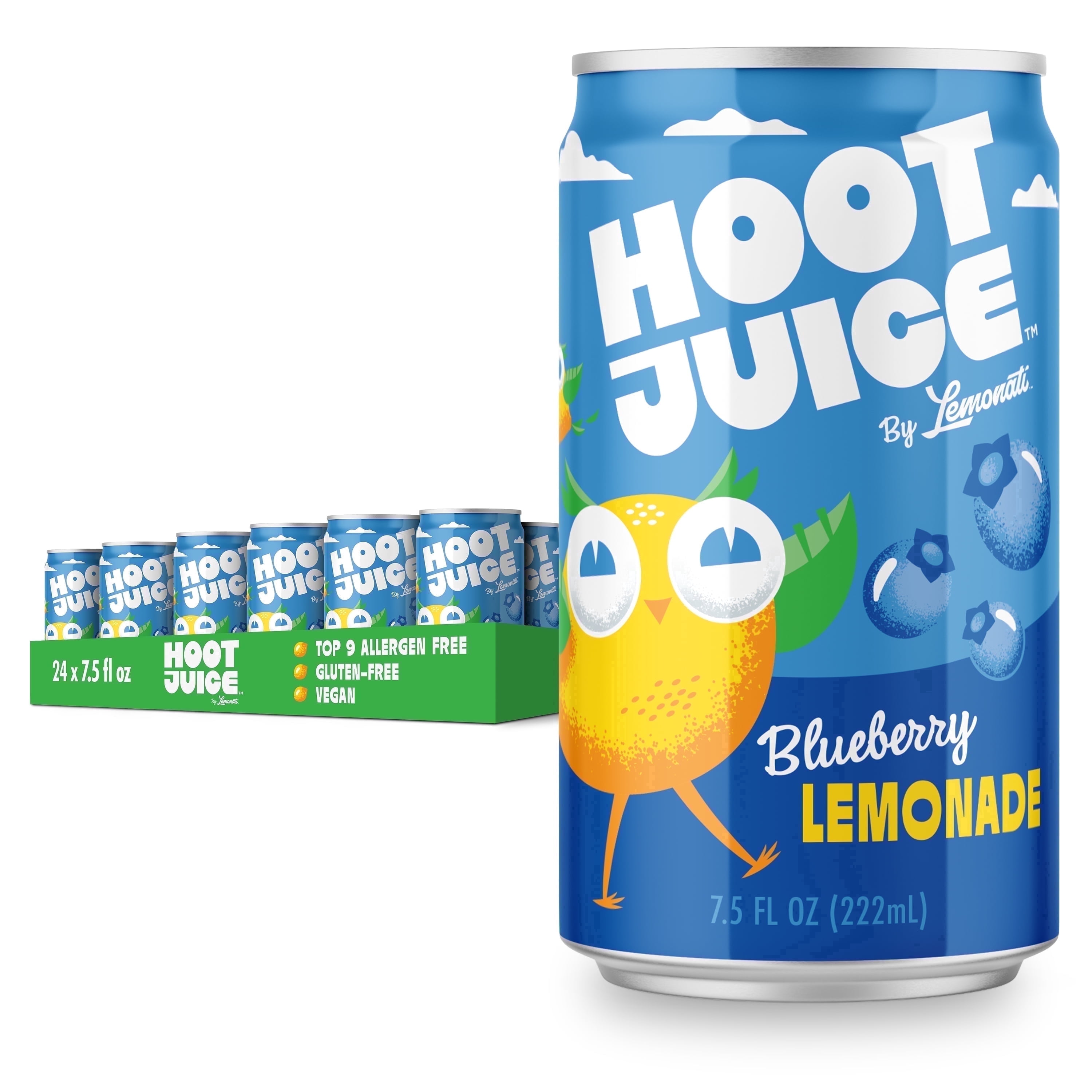 Hoot Juice Blueberry Lemonade, Low Calorie, Low Sugar, Crisp, 24 pack, 7.5 fl oz cans