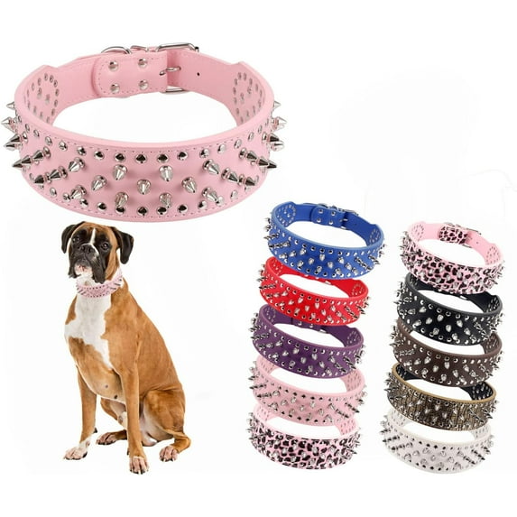 Hoot PU Leather Adjustable Spiked Studded Dog Collar 2" Wide 25 Spikes (XS(Neck 15"-18"),Pink)