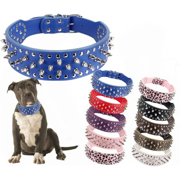 Hoot PU Leather Adjustable Spiked Studded Dog Collar 2" Wide 31 Spikes (S(Neck 17"-20"), Blue)