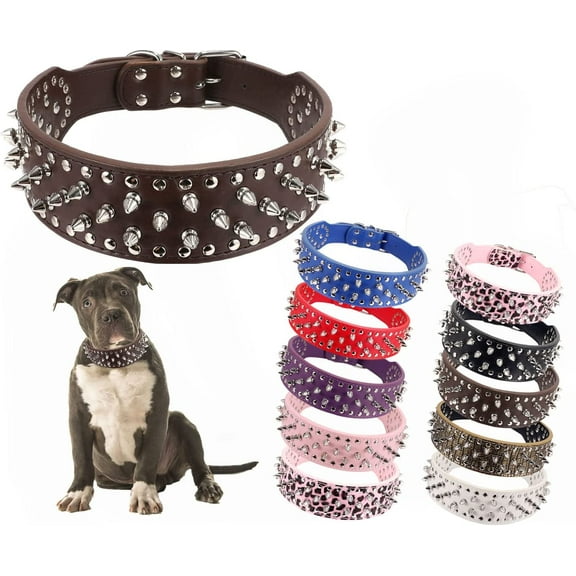 Hoot PU Leather Adjustable Spiked Studded Dog Collar 2" Wide 43 Spikes (L(Neck 21"-24"),Dark Brown)