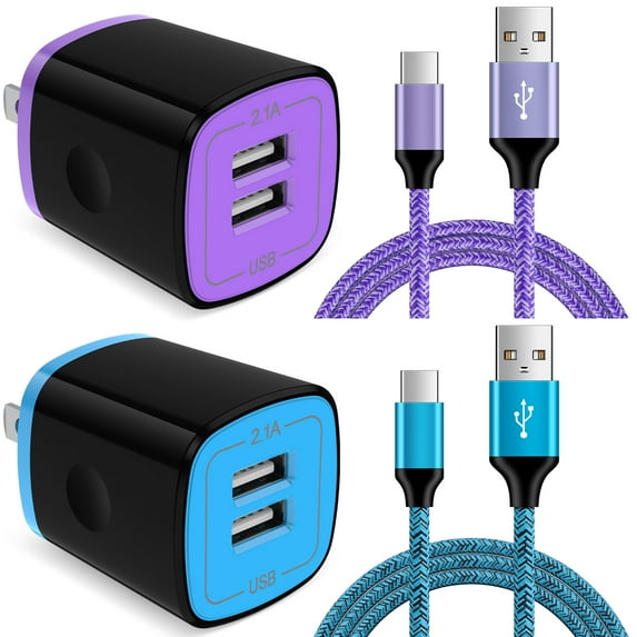 Hootek 2 Pack Dual Port 6FT Wall Plug Charger Block with 2Pack Charging Cord Type C Cable USB C Cables USB Brick Charger Box USB Wall Charger Block, Fast Charging Block for Samsung, Purple+Blue