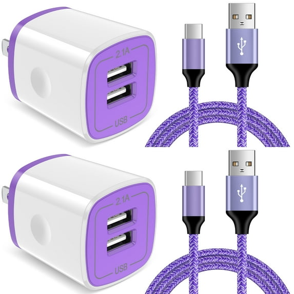 Hootek 2 Pack Dual Port 6FT Wall Plug Charger Block with 2Pack Charging Cord Type C Cable USB C Cables USB Brick Charger Box USB Wall Charger Block, Fast Charging Block for Samsung,White+Purple