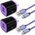 thumbnail image 1 of Hootek 2 Port Fast Charger 2 Pack Dual Port USB Adapter 2.1A Type-C Wall Charger, Quick Charger with 2 Pack 6FT USB-C Cable Cord Nylon Braided Fast Charging for Samsung, Purple, 1 of 7