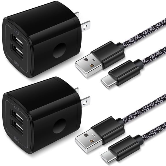 Hootek 2 Port Fast Charger 2 Pack Dual Port USB Adapter 2.1A Type-C Wall Charger, Quick Charger with 2 Pack 6FT USB-C Cable Cord Nylon Braided Fast Charging for Samsung, Black