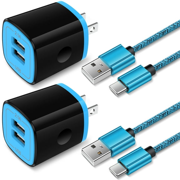 Hootek 2 Port Fast Charger 2 Pack Dual Port USB Adapter 2.1A Type-C Wall Charger, Quick Charger with 2 Pack 6FT USB-C Cable Cord Nylon Braided Fast Charging for Samsung, Blue