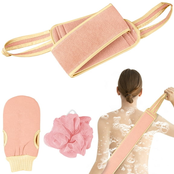 Hootek 3Pcs Exfoliating Body Scrubber Set, Back Scrubber,Bath Glove and Shower Bath Sponge Loofah for Shower, Bath Exfoliating Body Scrubber for Men and Women, Body Wash Scrub Bath Supplies, Pink