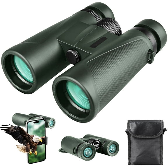 Hootek Binoculars for Adults, 12x42 Professional Binoculars Waterproof, Clear BAK4 Prism, FMC Lens, Binocular with Low Light Vision, Binoculars for Bird Watching Hunting Sports Concerts, Green