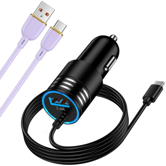 Hootek Car Charger with 3.3FT TYPE C Cable USB Car Charger Adapter 3.4A USB-C Fast Charging Charger with 6FT USB C Charging Cable Cord Type C Cable Nylon Braided for Samsung Android , Black+Purple