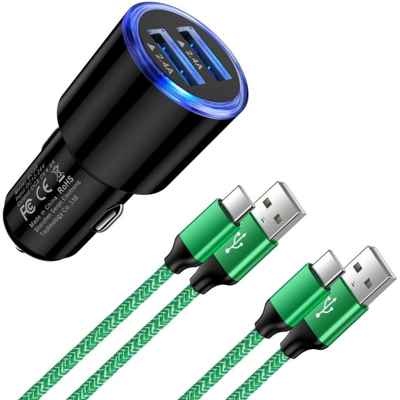 Hootek Car Charger Dual Port USB Car Charger Adapter 4.8A Fast Charging 2 Port Car Charger with 2 Pack 6FT Charging Cable Cord Type C Cable Nylon Braided for Samsung Android , Black+Green