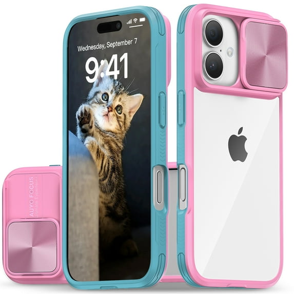 Hootek Clear Case Compatible with iPhone 16, Sliding Lens Cover Protector, Transparent Phone Case with Colored Frame, Shockproof and Scratch-Resistant Acrylic Back iPhone 16