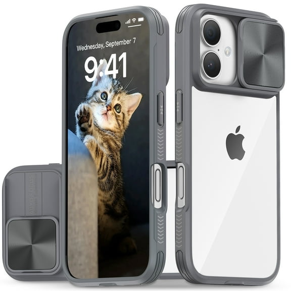 Hootek Clear Case Compatible with iPhone 16, Sliding Lens Cover Protector, Transparent Phone Case with Colored Frame, Shockproof and Scratch-Resistant Acrylic Back iPhone 16
