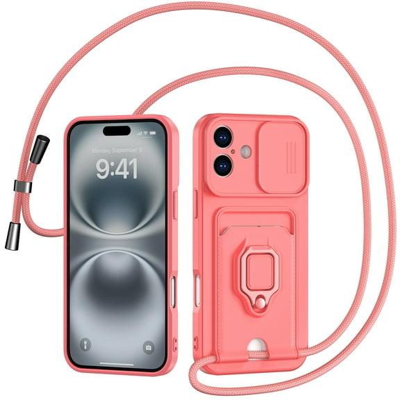 Hootek Designed for iPhone 16 Case, Liquid Silicone, Multi-Functional Card Pocket with Lanyard Strap, Adjustable Rope, Shockproof All-Round Protection, TPU Soft Phone Case for iPhone 16, Pink