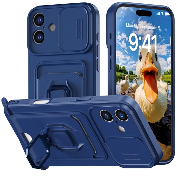 Hootek Designed for iPhone 16Plus Case, Liquid Silicone, Multi-Functional Card Pocket with Lanyard Strap, Adjustable Rope, Shockproof All-Round Protection, TPU Soft Phone Case for iPhone 16Plus, Blue