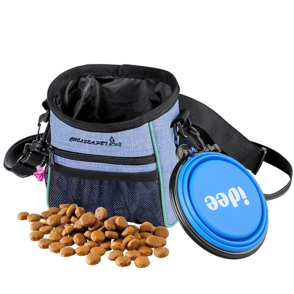 Dog Treat Pouch, Hootek Pet Treat Pouch for Training, Dog Walking Bag Holder for Kibbles, Pet Food Toy, Dog Trainer Essentials Supplies, Poop Bag Dispenser, Collapsible Bowls, 3 Ways to Wear, Blue