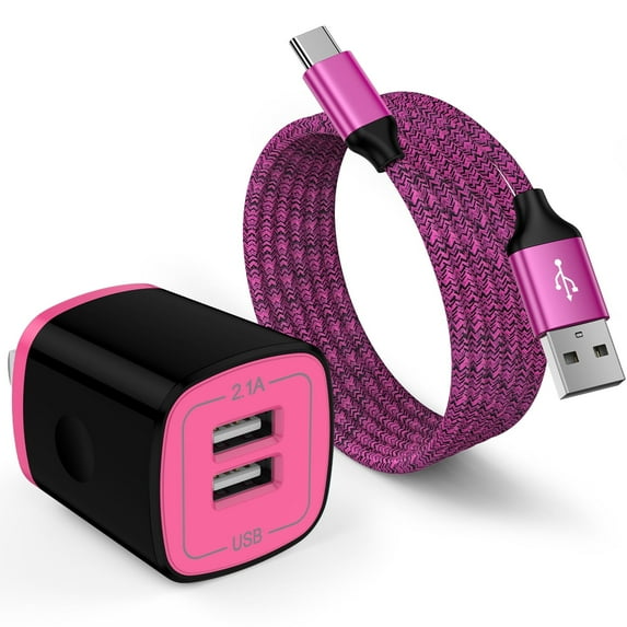Hootek Dual Port Fast Charger 2 Port USB Adapter 2.1A Wall Charger Block, Quick Charger Brick with 2 Pack 6FT USB-C Charging Cable Cord Nylon Braided Fast Charging for Samsung, Pink