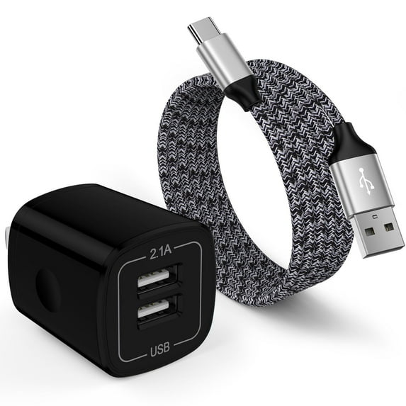 Hootek Dual Port Fast Charger 2 Port USB Adapter 2.1A Wall Charger Block, Quick Charger Brick with 2 Pack 6FT USB-C Charging Cable Cord Nylon Braided Fast Charging for Samsung, Black
