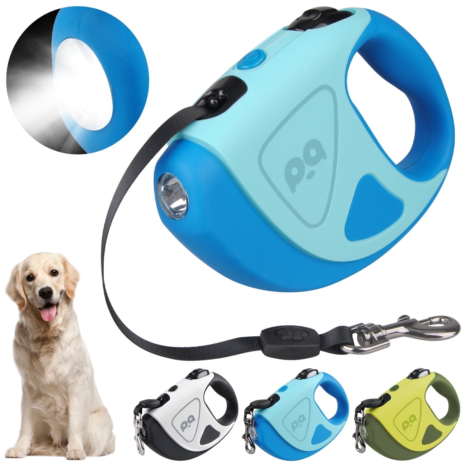 HOOTEK Retractable Dog Leash with LED Light, 16ft Heavy Duty Dog Leash with Anti-Slip Handle and 360° anti-tangling, One Button Brake & Lock Dog Leash for Small/Medium/Large Dogs Up to 50lbs, Blue