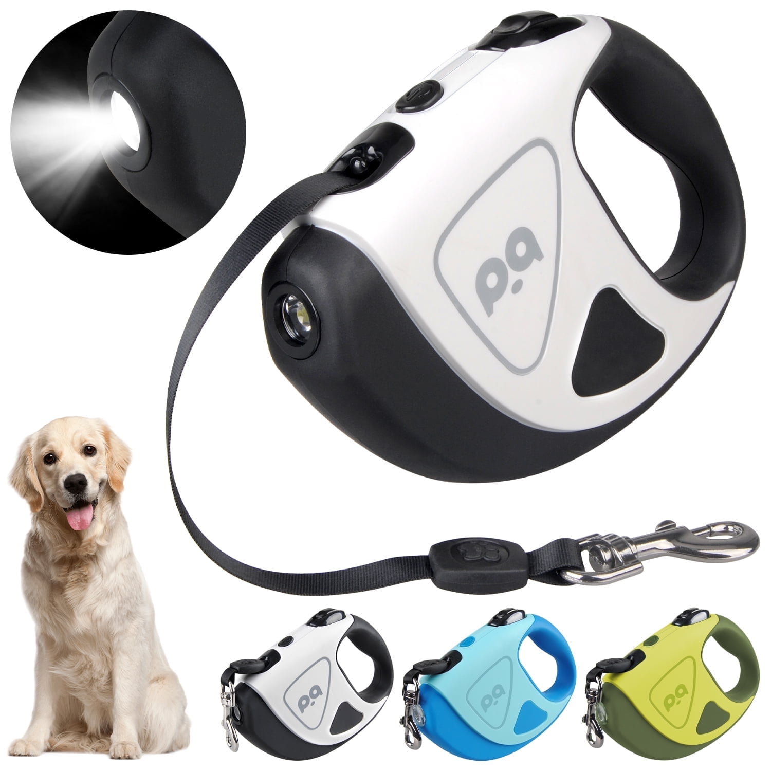 HOOTEK Retractable Dog Leash with LED Light, 16ft Heavy Duty Dog Leash with Anti-Slip Handle and 360° anti-tangling, One Button Brake & Lock Dog Leash for Small/Medium/Large Dogs Up to 50lbs, White