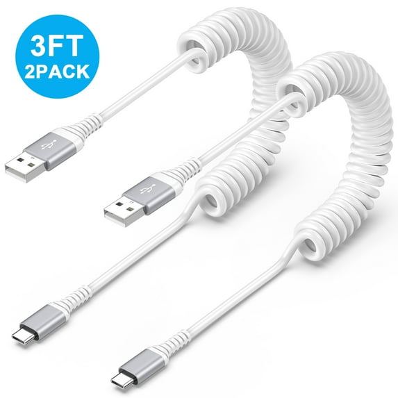 Hootek USB C Cable 3ft 2 Pack, Type C Coiled Charging Cord USB C to USB A Cable 3ft, Coiled Type C Charging Cable USB-C Cable Cord Charging and Data Cable Compatible with Samsung Android,White