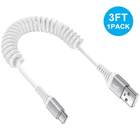 Hootek USB C Cable 3ft, Type C Coiled Charging Cord USB C to USB A Cable 3ft, Coiled Type C Charging Cable USB-C Cable Cord Charging and Data Cable Compatible with Samsung Android,White