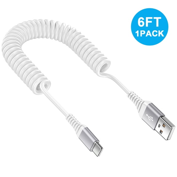 Hootek USB C Cable 6ft, Type C Coiled Charging Cord USB C to USB A Cable 6ft, Coiled Type C Charging Cable USB-C Cable Cord Charging and Data Cable Compatible with Samsung Android,White