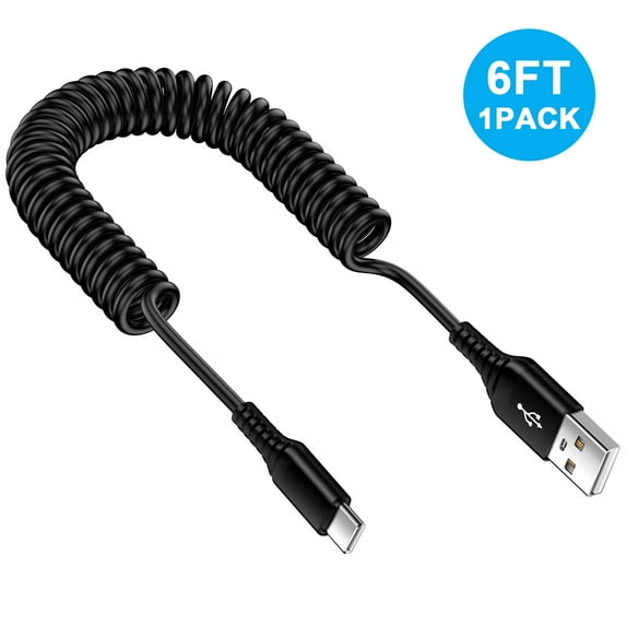 Hootek USB C Cable 6ft, Type C Coiled Charging Cord USB C to USB A Cable 6ft, Coiled Type C Charging Cable USB-C Cable Cord Charging and Data Cable Compatible with Samsung Android,White