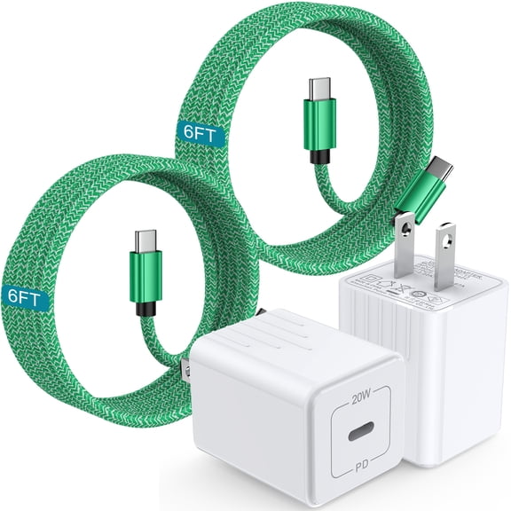 Hootek USB C Wall Charger Fast Charging, 2 Pack PD 20W Type C Charger Block with 2 Pack USB C to C Cable 6FT, USB C Wall Charger Adapter Plug USB C Brick Charger Comtiable for iPhone, Samsung, Green