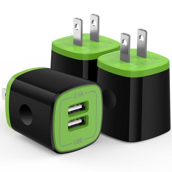 Hootek USB Wall Charger Block 3 Pack 2.1A Dual Port USB Charger Block Fast Charger Wall Charger Plug Brick Cube Charger Box Fast Charging Block for Android Samsung, Green