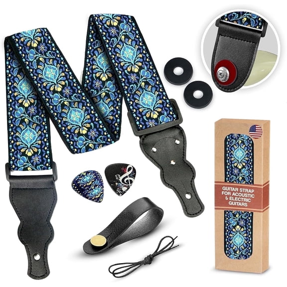Art Tribute Adjustable Guitar Strap with Pick Pocket 2 Strap Locks and 2 Picks for Electric, Bass and Acoustic Guitars - Blue