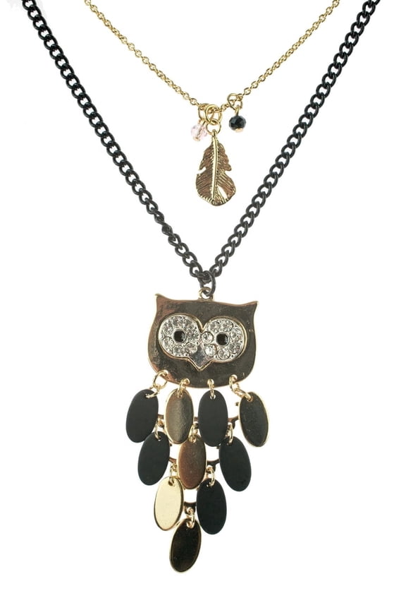 Sparkly Crystal Owl Pendant Long Necklace with Dancing Disks and Feather Charm Jewelry Necklace Gold