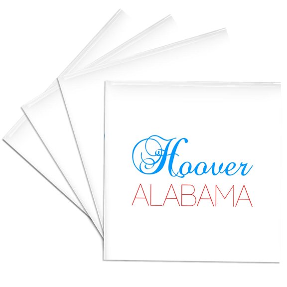 3drose, Hoover, Alabama Blue, Red Text on White. Positive Chic Design, Set of 4 Ceramic Tile Coasters