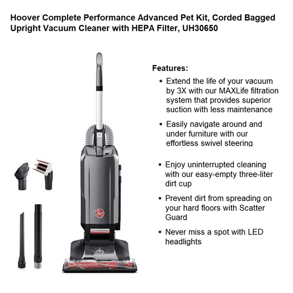 Hoover Bagged Upright Vacuum, Advanced Complete Performance, Pet Friendly, Powerful Suction, Extended Reach, 2-in-1 Pet Tool, Dusting Brush, Crevice & Upholstery Tool, UH30650PC, Grey