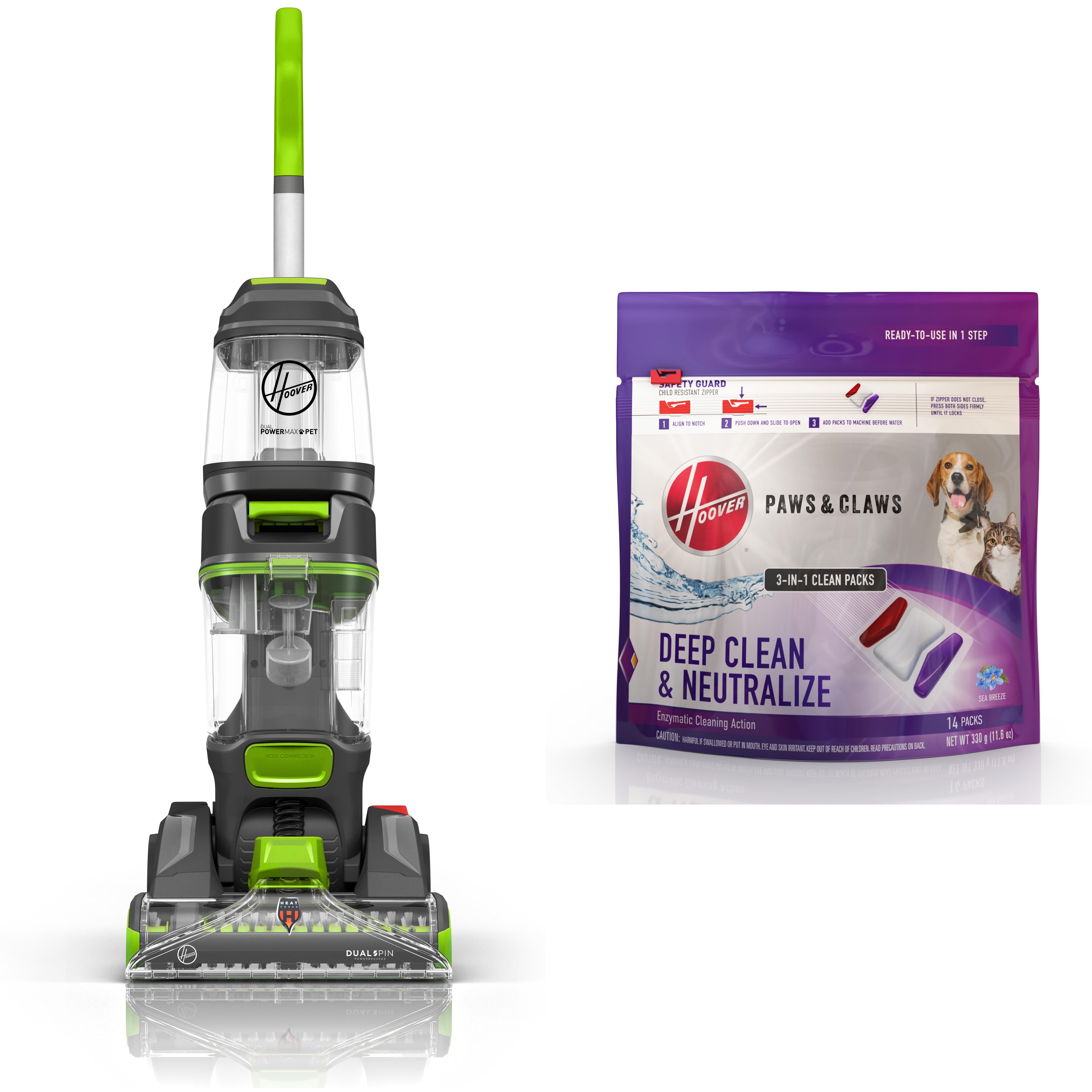 Hoover Dual Power Max Pet Upright Carpet Cleaner, FH54011, New & Hoover Paws and Claws Carpet Cleaner Solution Clean Pack Pods 14 Count Pack, 11.6 oz, AH37001, New