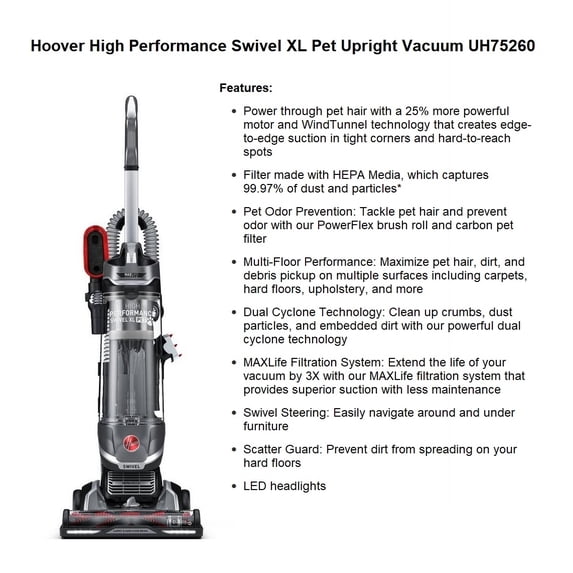 Hoover High Performance Swivel XL Pet Upright Vacuum UH75260