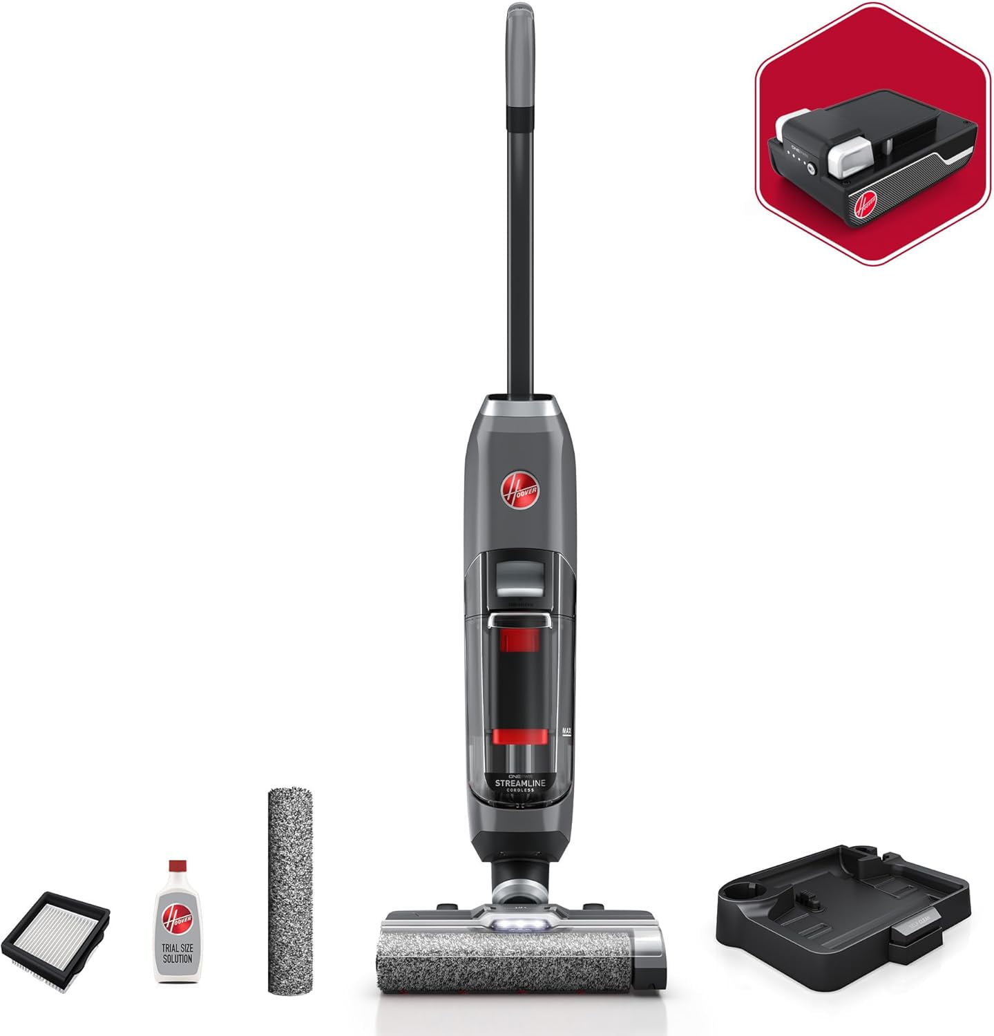 Hoover ONEPWR Streamline Cordless Hard Floor Cleaner, Wet Dry Vacuum with Self Cleaning System, Edge Cleaning, Premium LCD Display, BH55400V, Silver
