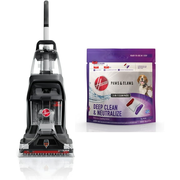 Hoover PowerScrub XL, Upright Carpet Cleaner Machine, FH68010, 1 Count, New Condition and Hoover Paws and Claws Carpet Cleaner Solution Clean Pack Pods 14 Count Pack, 11.6 oz, AH37001, New