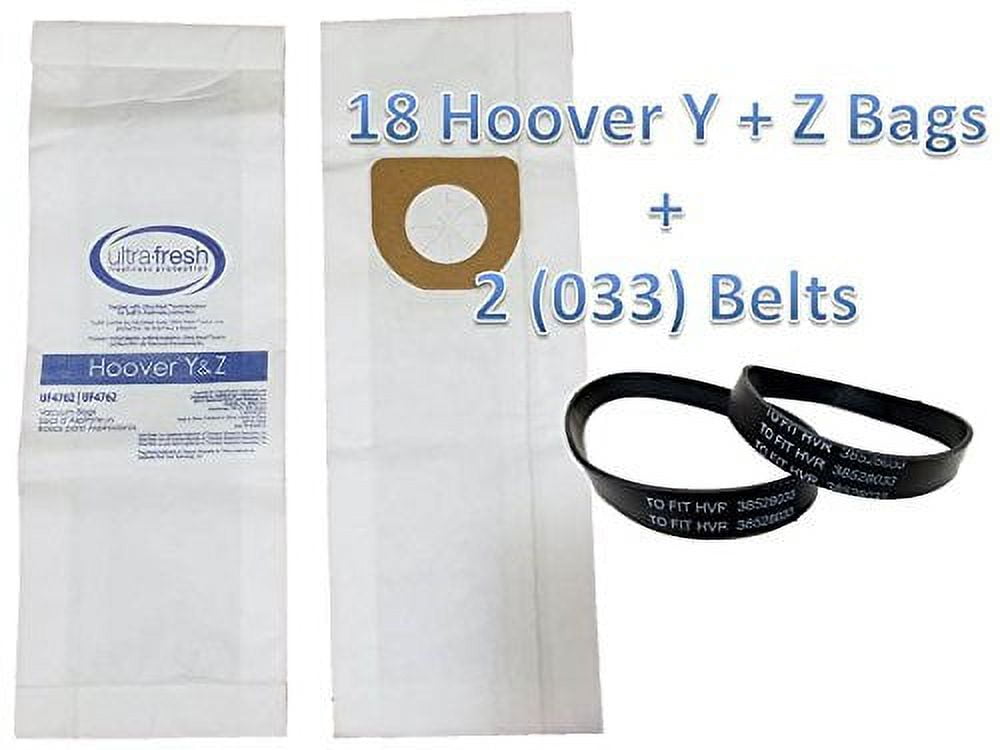 Hoover Y and Z-Micro Filtration Bag, 18 Bags Treated with Ultra-Fresh for Models 4010100Y, 902481001, AH10165, 902419001, AH10040, 4010100Z and 4010075Z plus 2 belts (Style 160) Part# 38528-033 belts