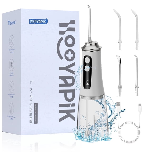 Hooyapik Cordless Water Flosser 300ml 9 Modes Adjustable Pressure for Gum & Braces, 4 Tips, White
