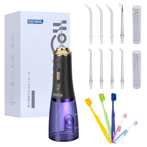 Hooyapik Water Flosser Pick for Adult, 300ML Cordless Rechargeable Oral Irrigator with 30-Day Battery, 8 Nozzles for Braces & Implants（Black）