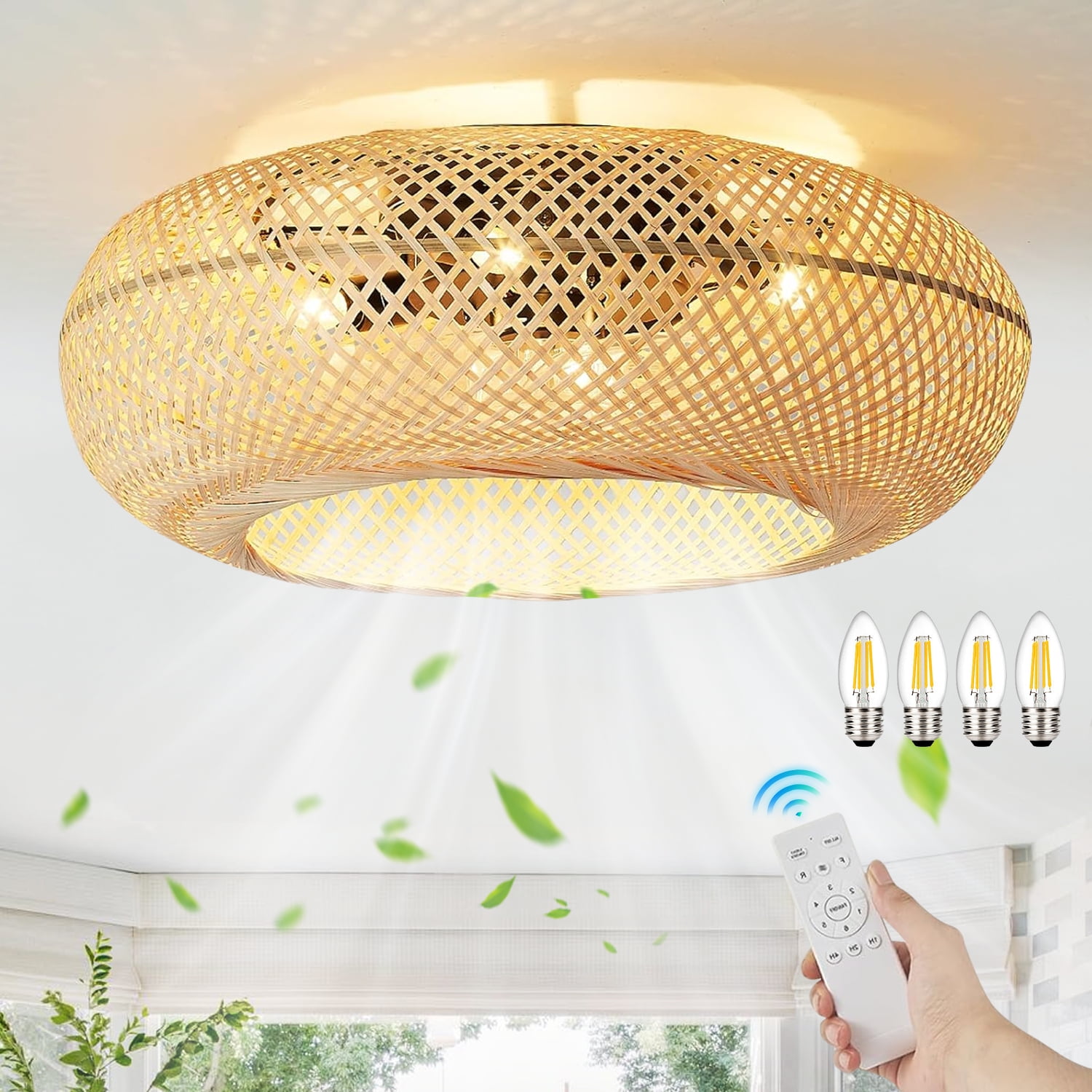 20 Inch Bronze and Gold Boho Rattan Caged Ceiling Fan with Lights