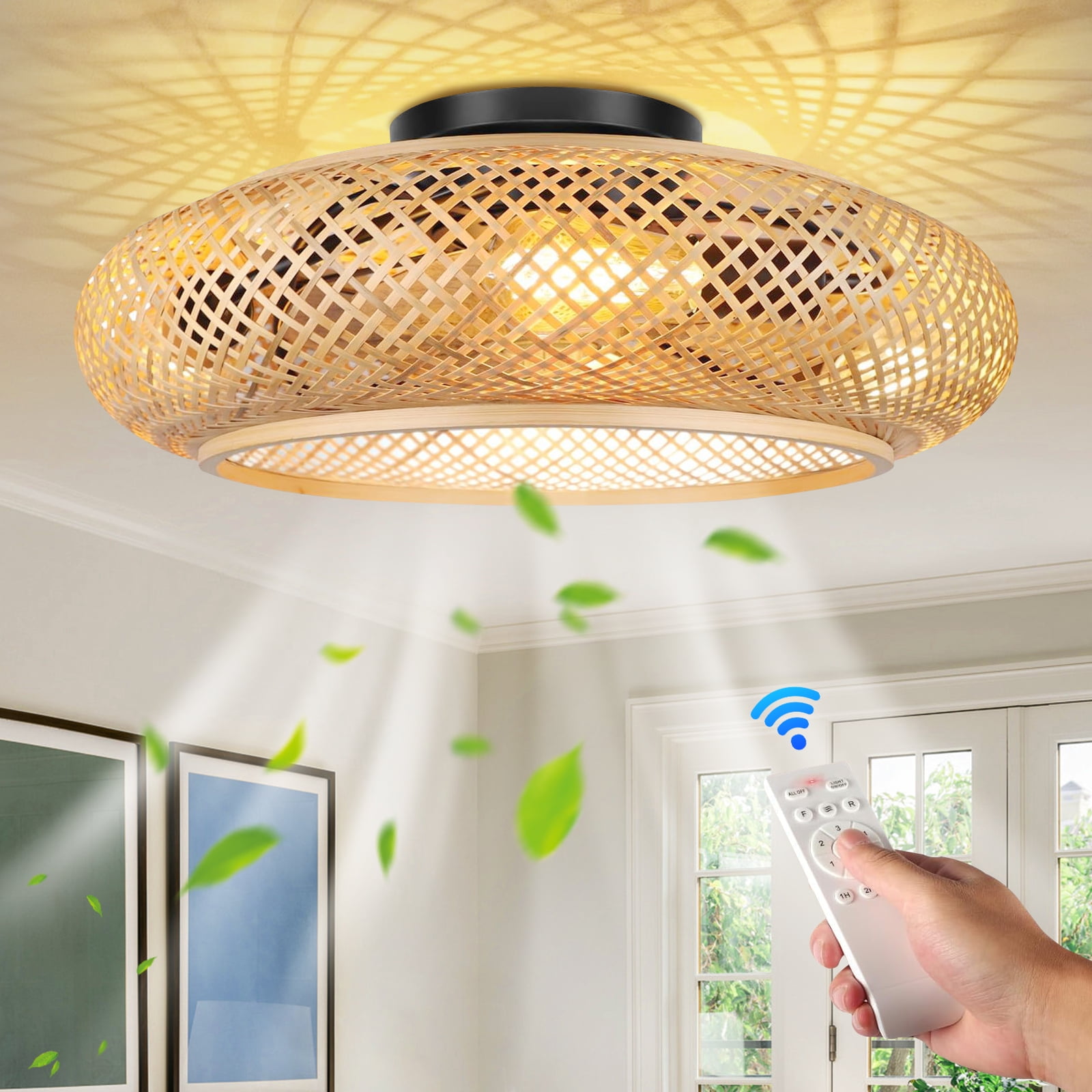20 Inch Bronze and Gold Boho Rattan Caged Ceiling Fan with Lights