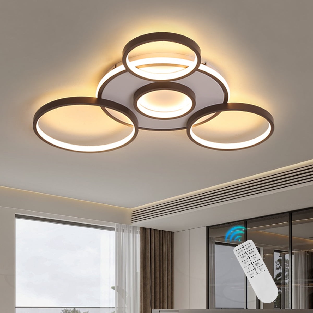 Hooyi Modern LED Ceiling Light,Brown 5 Rings LED Flush Mount Ceiling Light with Remote,Dimmable Ceiling Lighting Fixtures,Close to Ceiling Light for Kitchen Dining Room Living Room