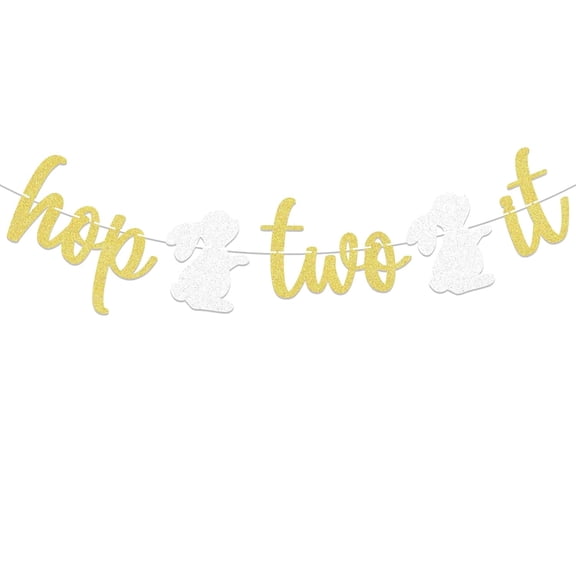 Hop Two It Banner - Spring Easter Bunny 2nd Birthday Party Decor, Bunny Rabbit Two Years Old Birthday Party Decorations Gold Gliter